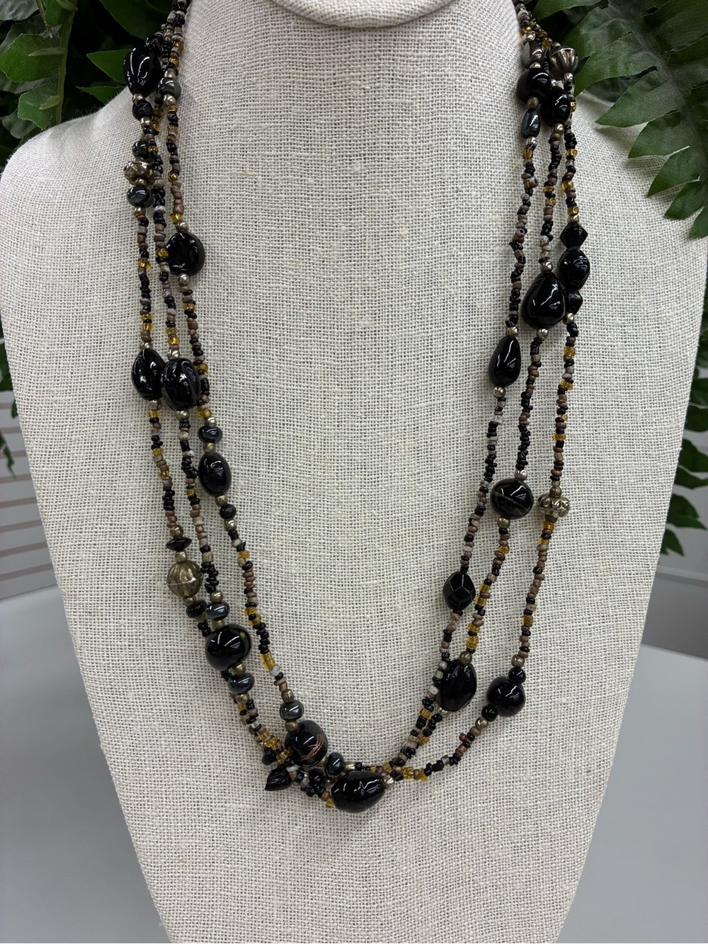 Vintage Multi-Strand Black And Gold Beaded Necklace - Women Jewelry